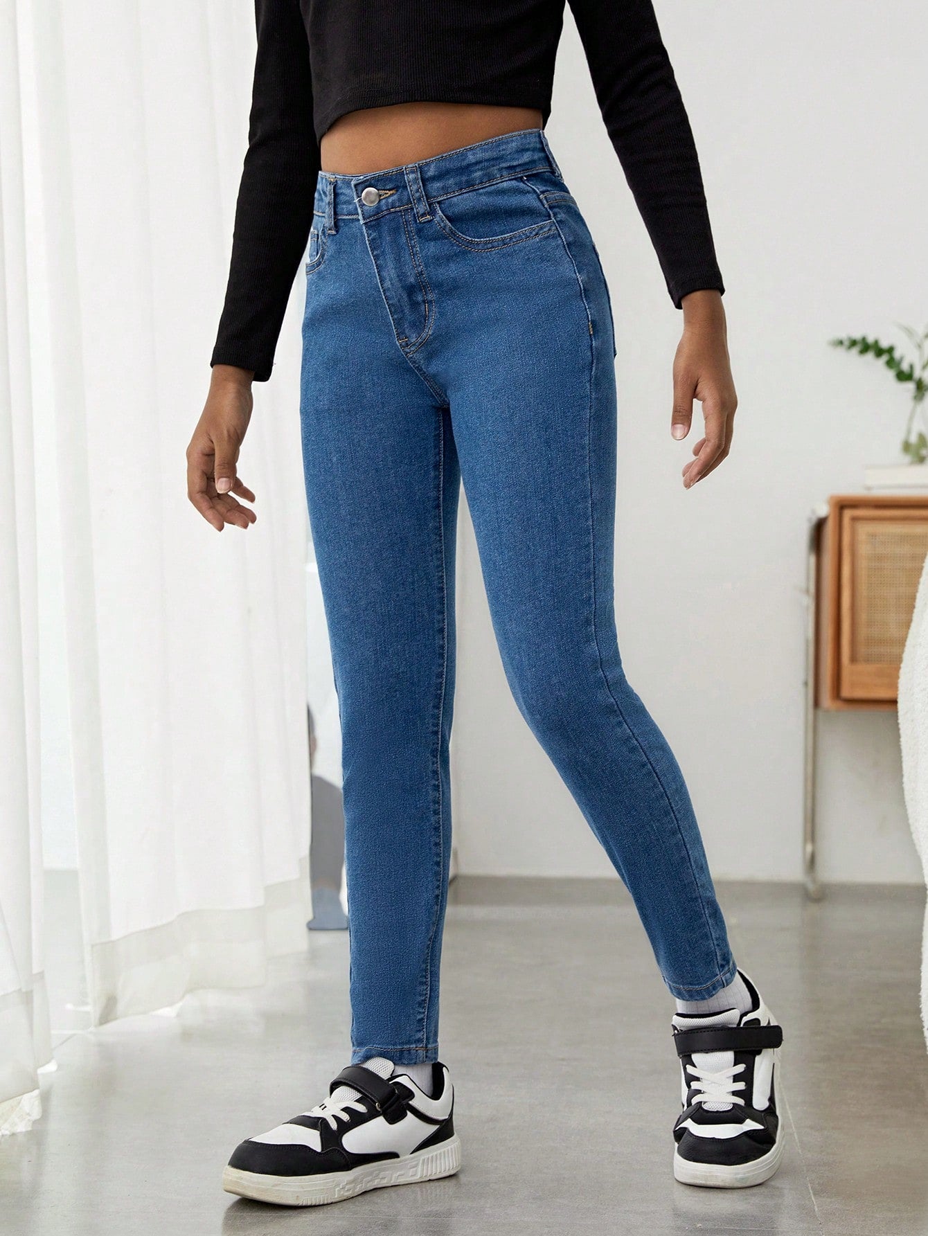 TWEEN GIRL All-Match Casual Slim Fit Jeans, Simple And Fashionable College Style, High Elasticity With Adjustable Elastic Waist And Five Pockets Design, Must-Have All-Year-Round Versatile Fashion Item