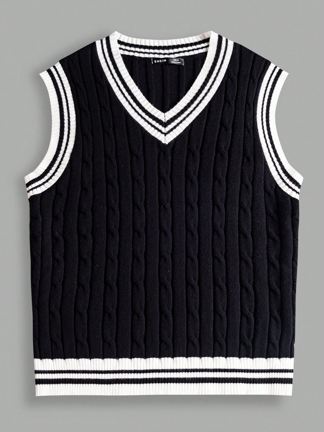 AthMen Striped Trim Cable Knit Sweater Vest,Back To School