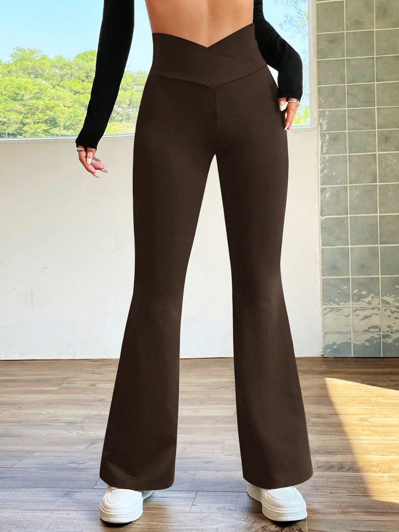 Overlap Waist Flare Leg Pants