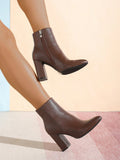 Women's Coffee Brown Short Boots, Fashion Ankle Boots, Chunky Heeled Boots, Super High Heel Boots