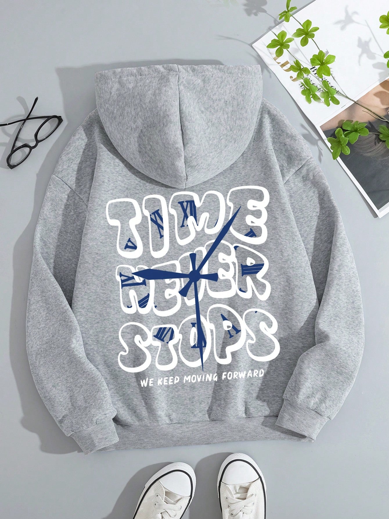 Slogan Graphic Kangaroo Pocket Drawstring Thermal Hoodie TIME NEVER STOPS WE KEEP MOVING FORWARD