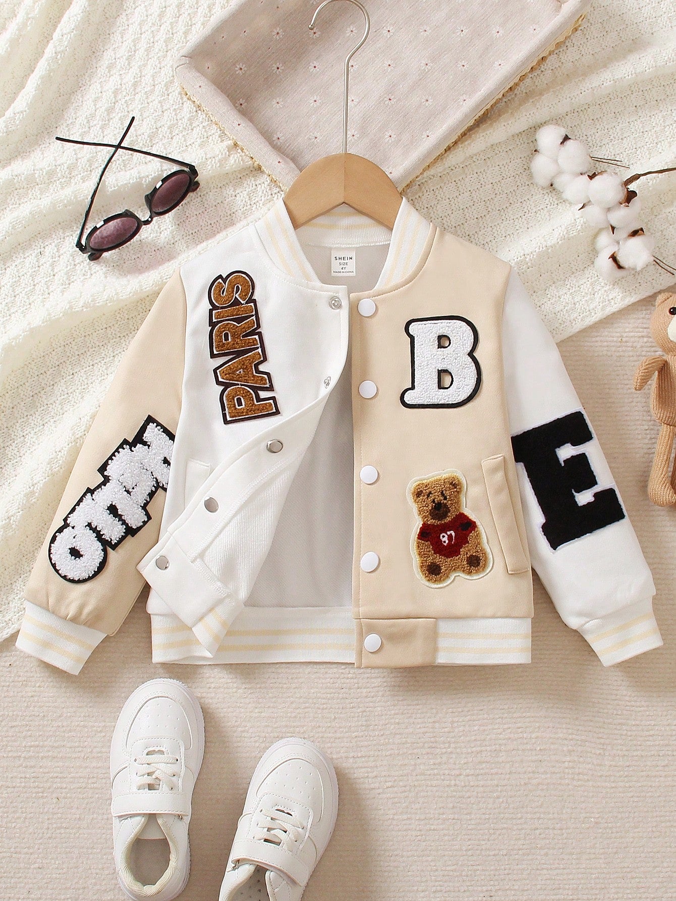 Young Boy Letter & Bear Patched Striped Trim Varsity Jacket