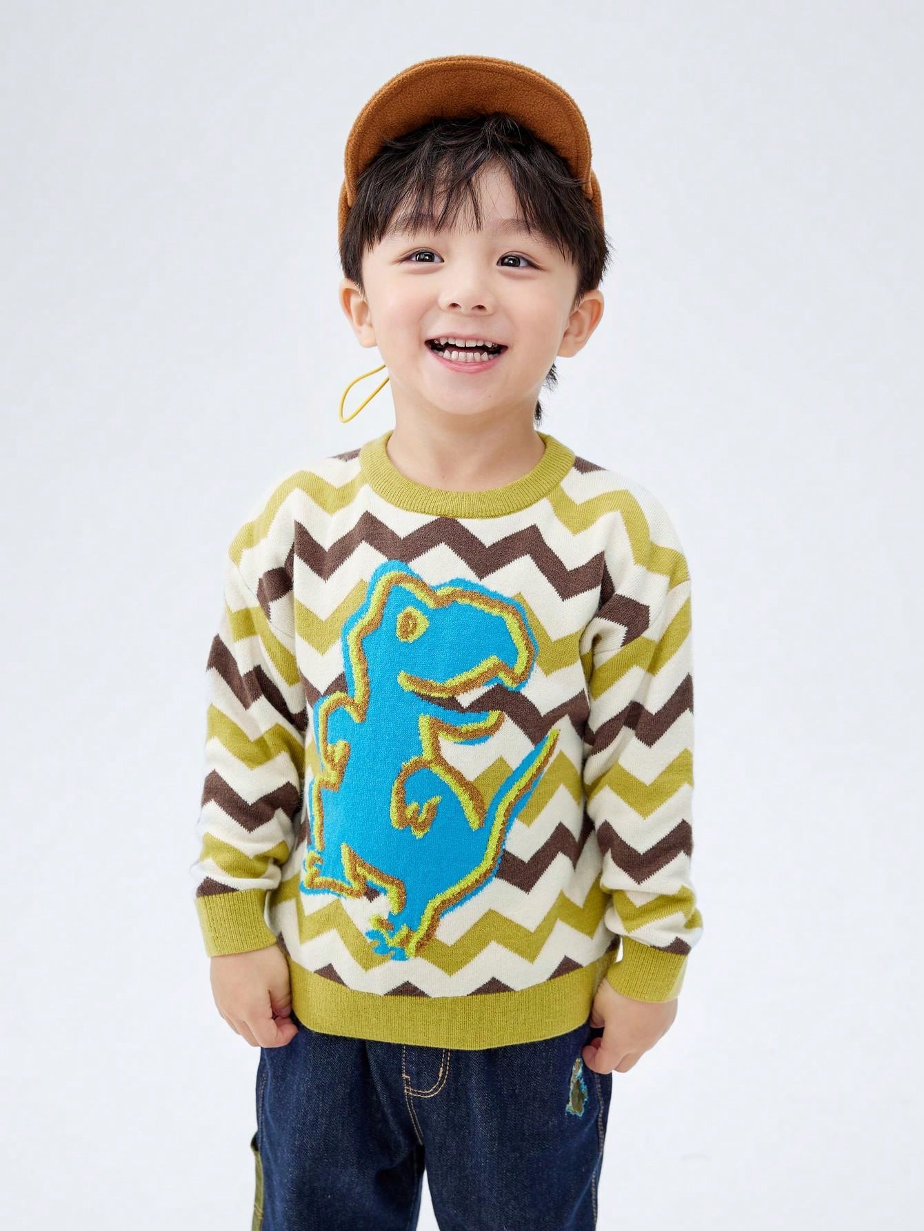 Young Boy Cartoon Dinosaur Pattern Contrast Stripe Soft Thermal Sweater