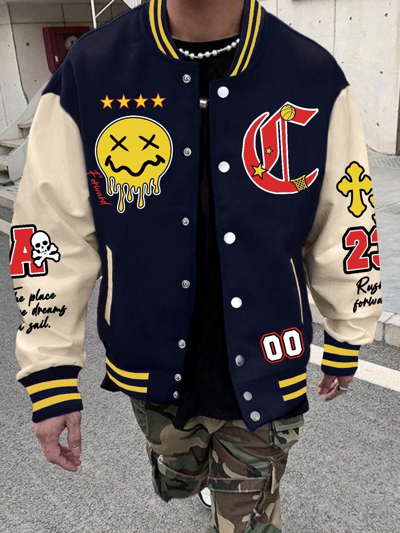 Oversized Men's Cartoon & Letter Graphic Striped Trim Color Block Varsity Jacket