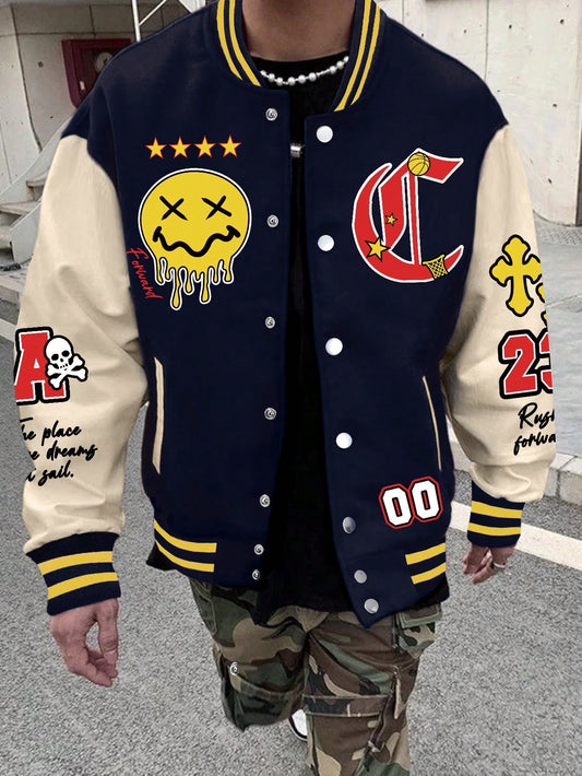 Oversized Men's Cartoon & Letter Graphic Striped Trim Color Block Varsity Jacket