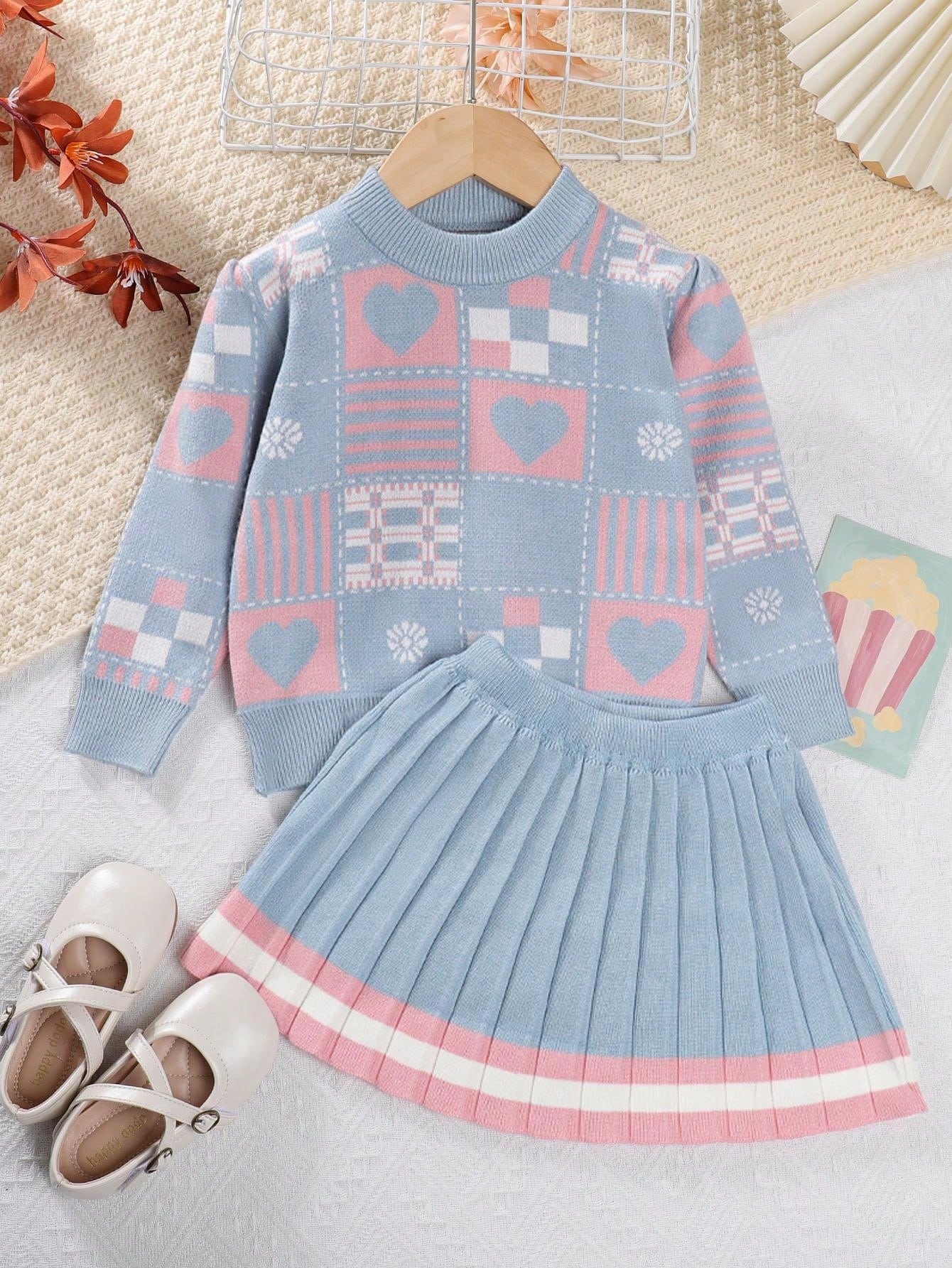 2pcs/set Young Girls' Simple Casual Heart & Plaid Patterned Long Sleeve Top And Pleated Skirt Outfit, Autumn And Winter