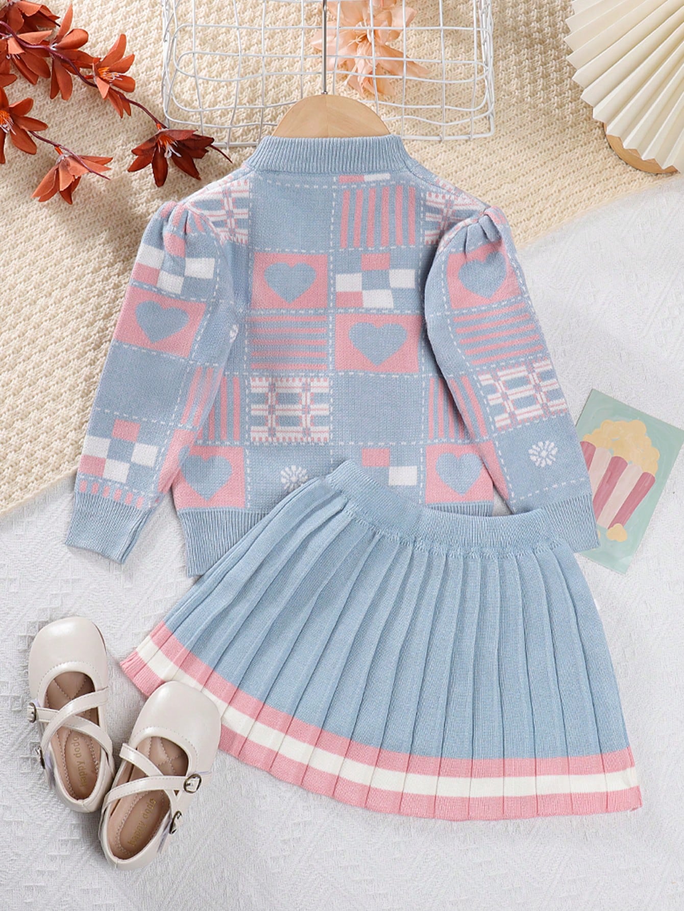 2pcs/set Young Girls' Simple Casual Heart & Plaid Patterned Long Sleeve Top And Pleated Skirt Outfit, Autumn And Winter