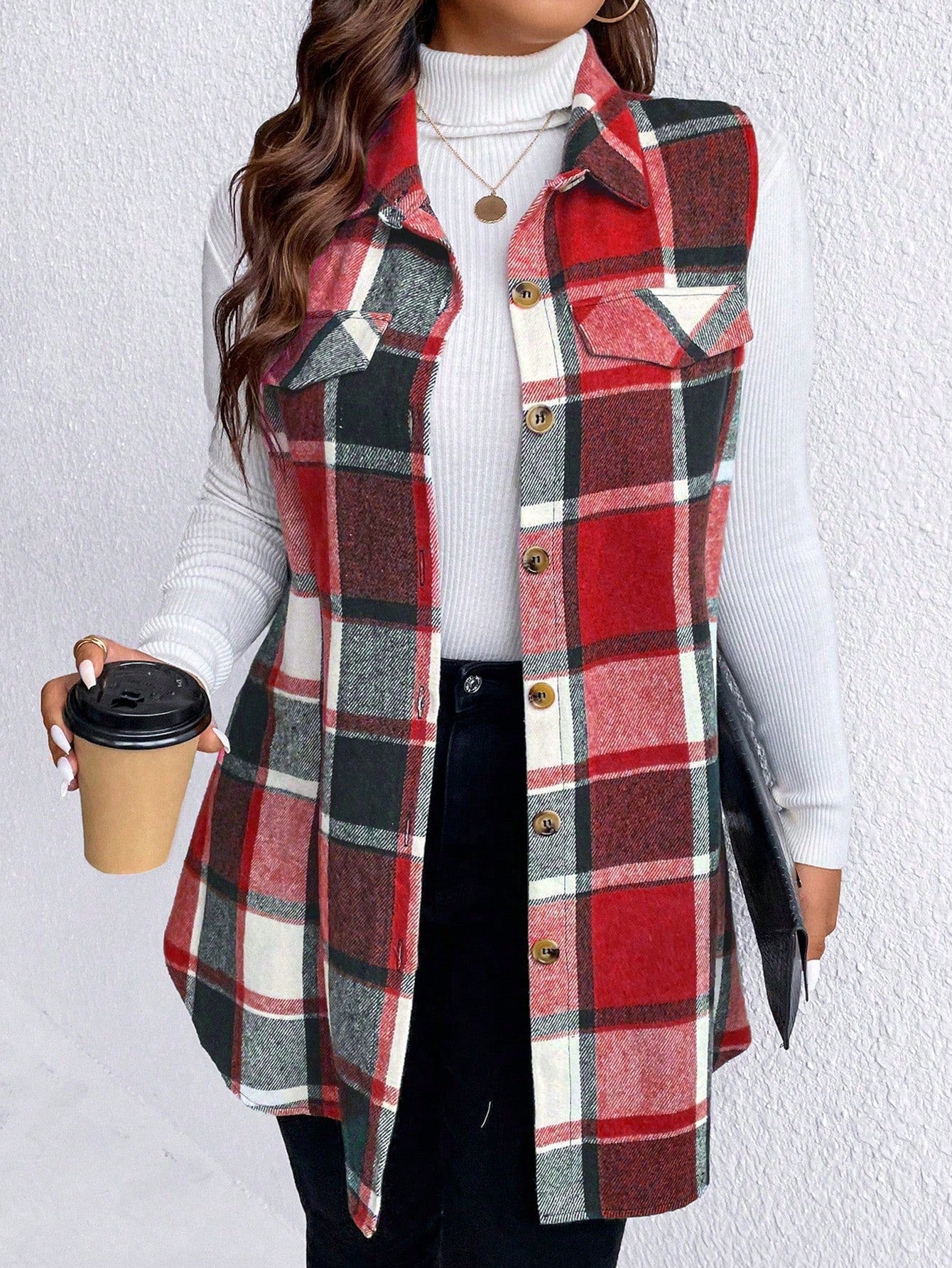 Plus Plaid Print Flap Detail Sleeveless Coat