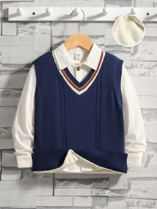 Tween Boy Striped Trim Cable Knit Thermal Lined Sweater Vest Without Shirt