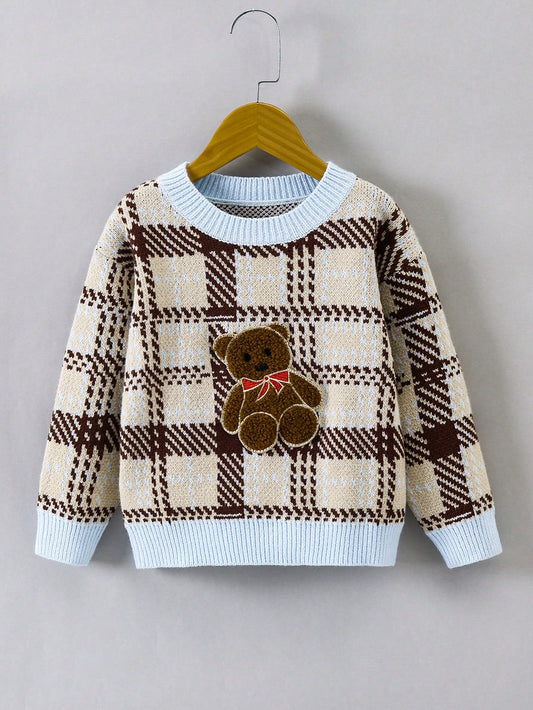 Young Boy Plaid Pattern Patched Detail Sweater