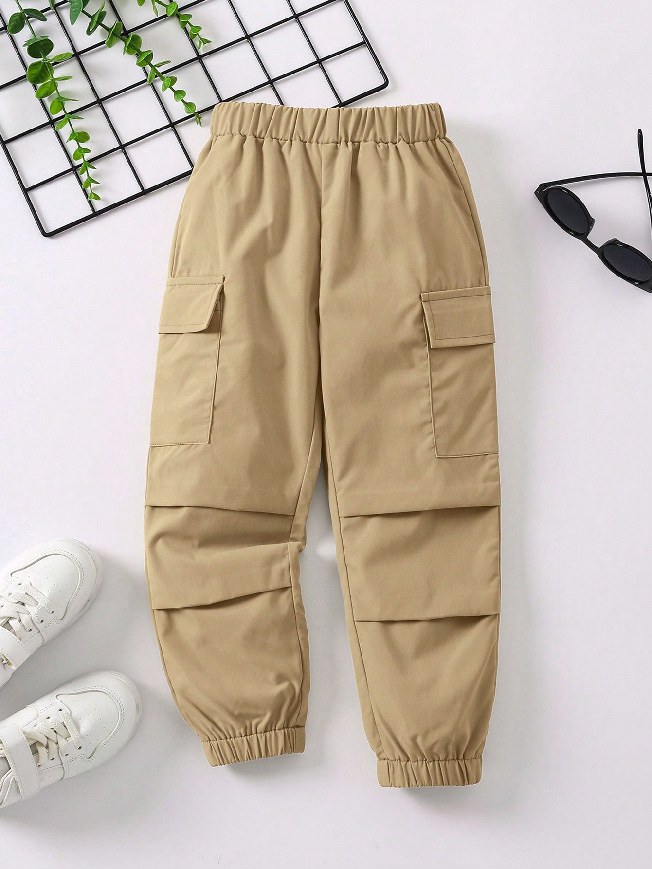 Young Girl Black Solid Color Fashionable Casual Workwear Pocket Detail Folded Hem Pants, Summer/autumn