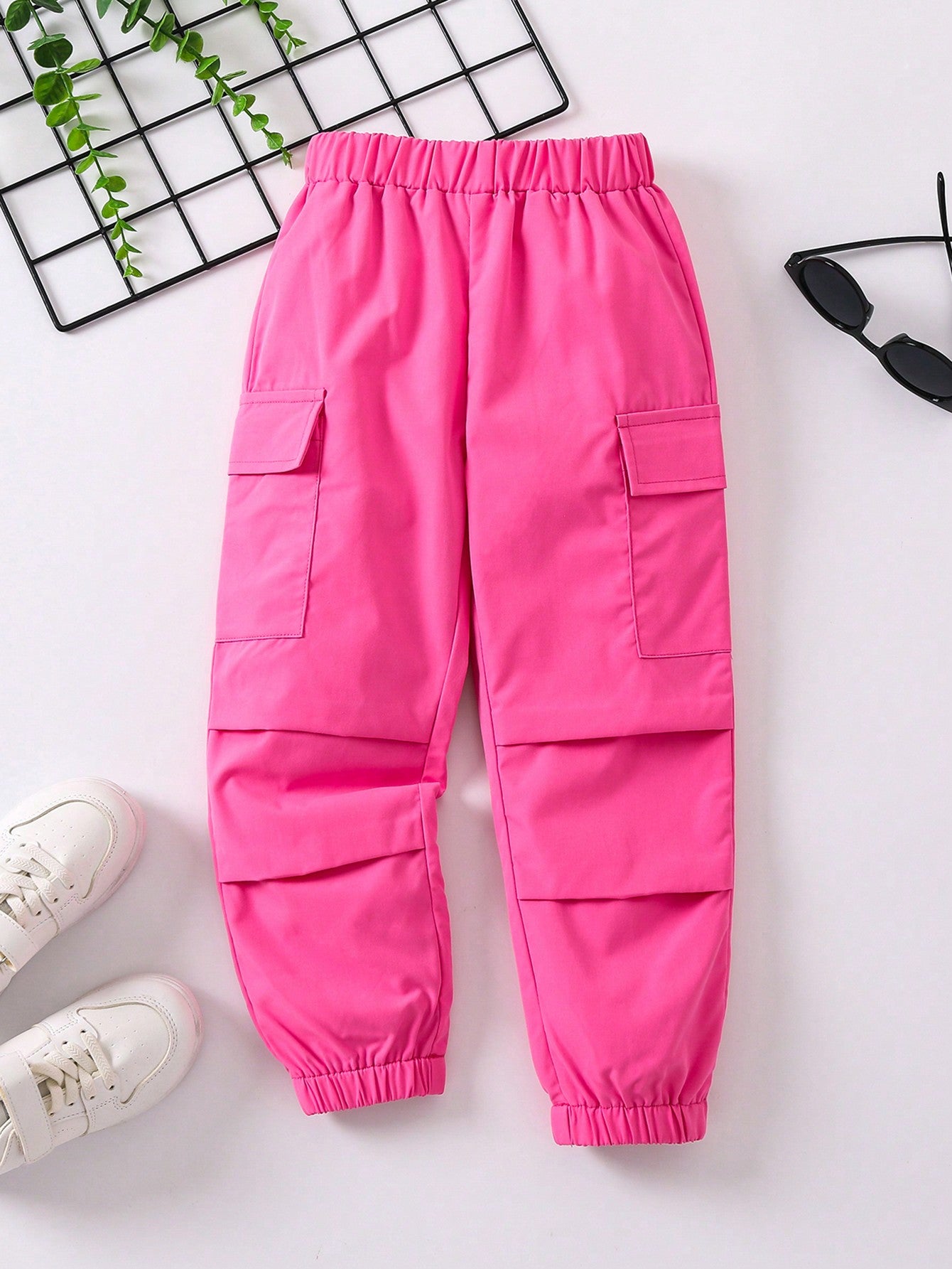 Young Girl Black Solid Color Fashionable Casual Workwear Pocket Detail Folded Hem Pants, Summer/autumn