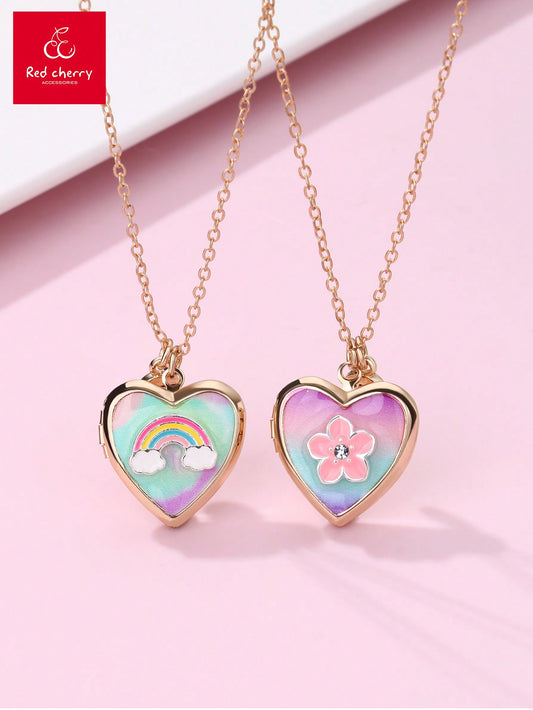 2pcs Girls' Colorful Zinc Alloy Oil Drop Necklace Set, Heart Shaped Box & Rainbow Flower Designs, Suitable For Best Friends To Wear Daily