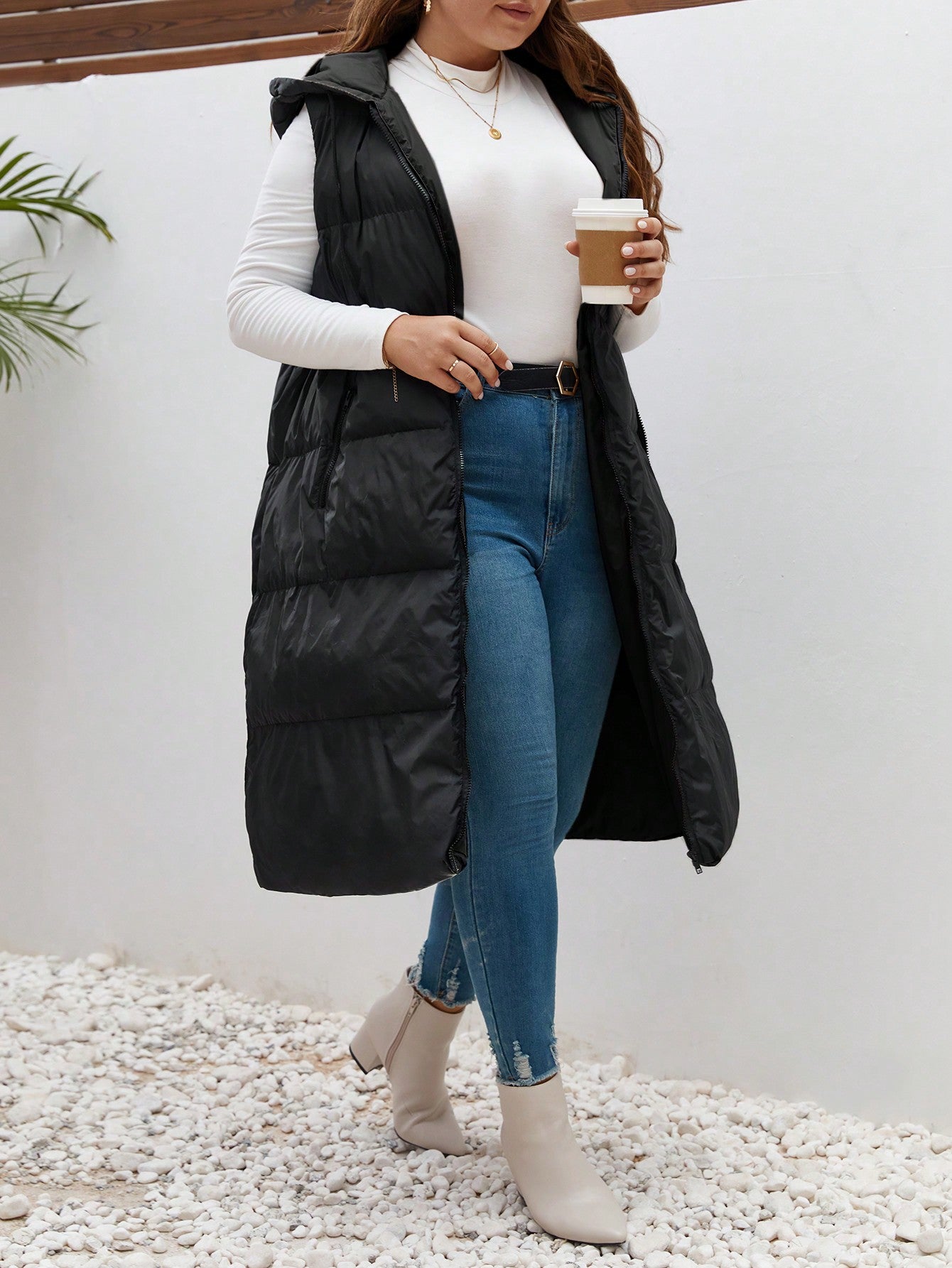 Frenchy Plus Zip Up Hooded Puffer Vest Coat