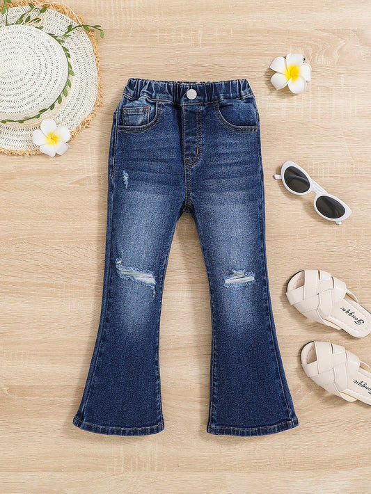 Young Girl Casual Elastic Waist Flare Jeans With Distressed Details