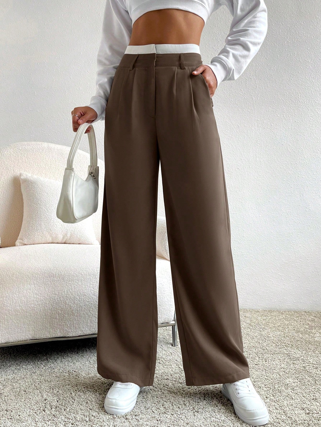 Spring Dress PantsHigh Waist Plicated Detail Wide Leg Suit Pants