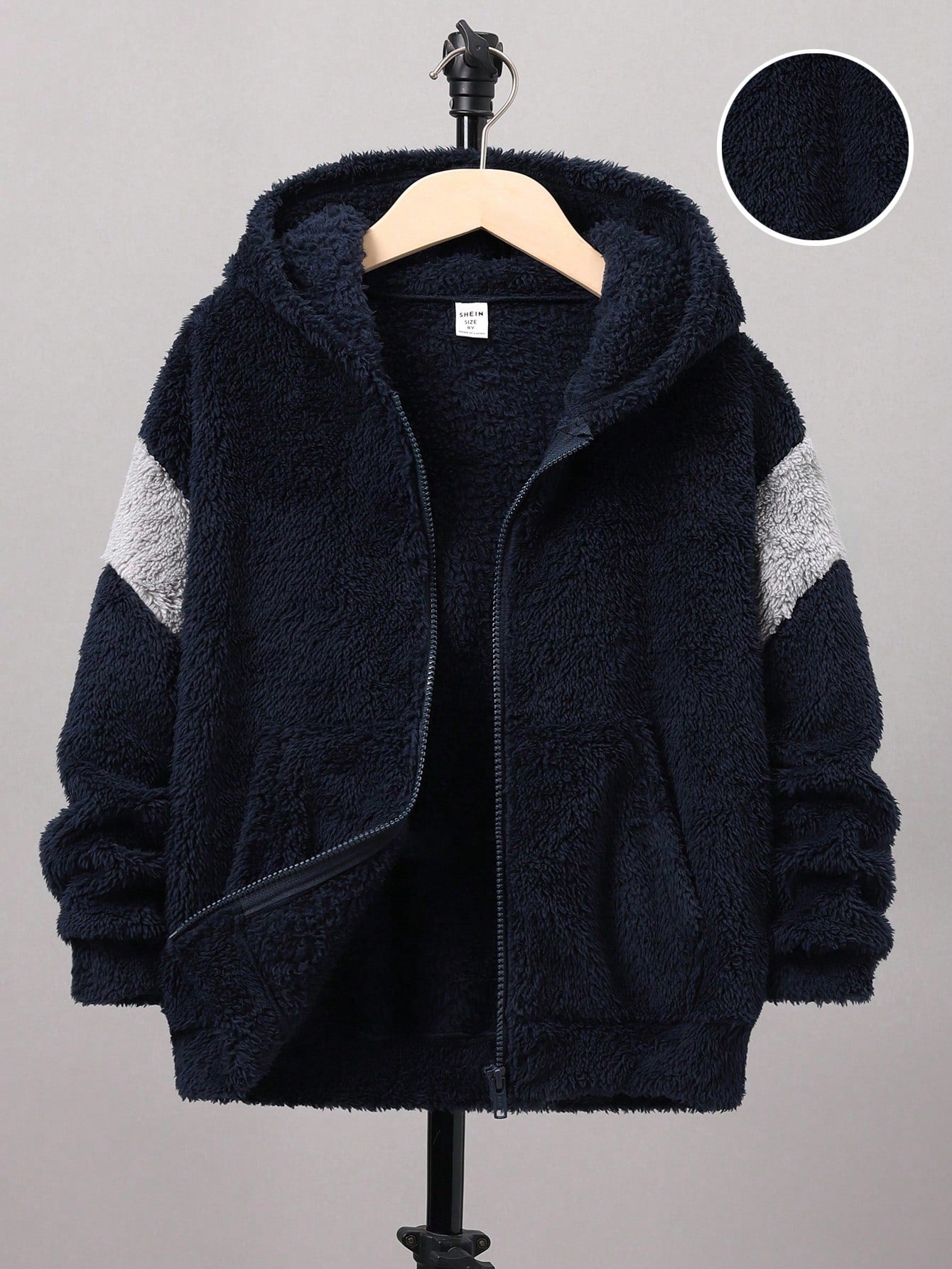 Tween Boy Color Block Hooded Plush Zipper Cardigan Jacket, Patchwork Hooded Fleece Jacket