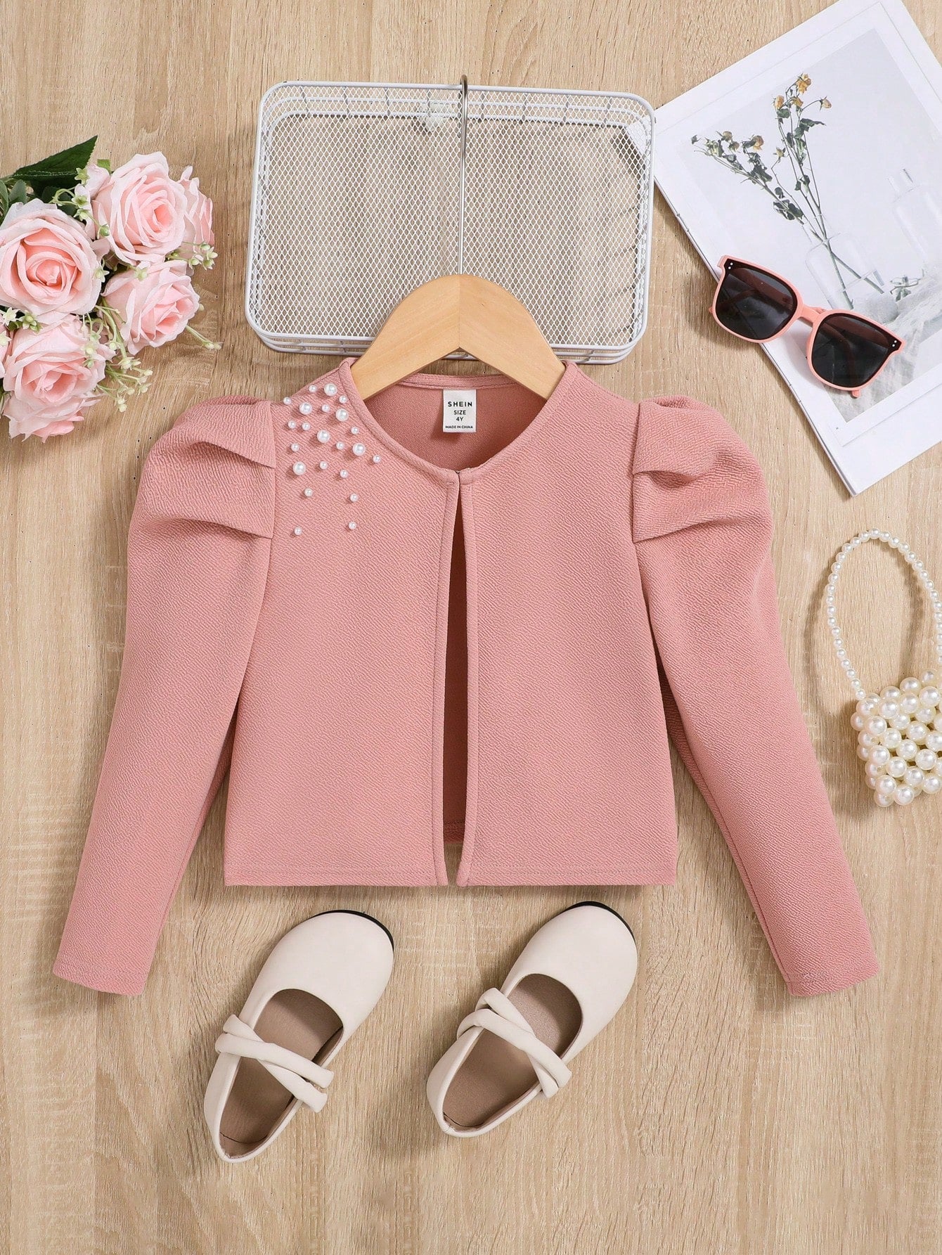 Young Girl Pearls Beaded Detail Puff Sleeve Jacket