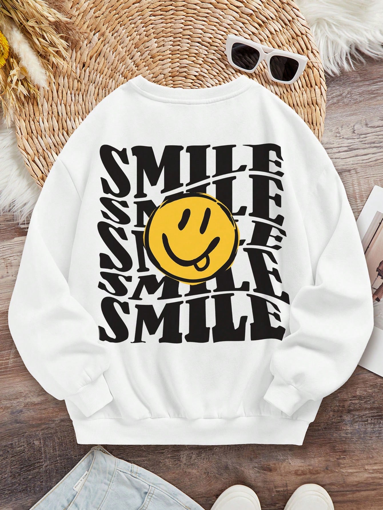 Teen Girl Letter & Cartoon Face Print Drop Shoulder Sweatshirt