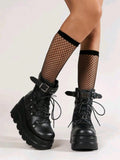 Women's Cyberpunk Style Round Toe Lace-up Side Zipper Anti-slip Thick Heel Mid-calf Boots, Perfect For Outdoor Activities