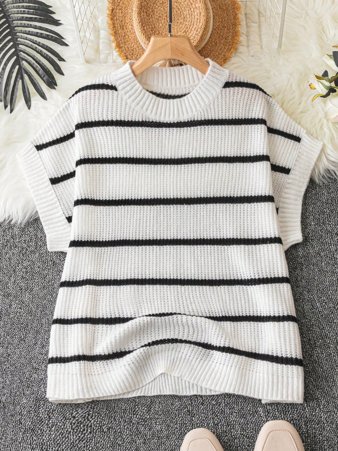 Plus Striped Pattern Batwing Sleeve Knit Top