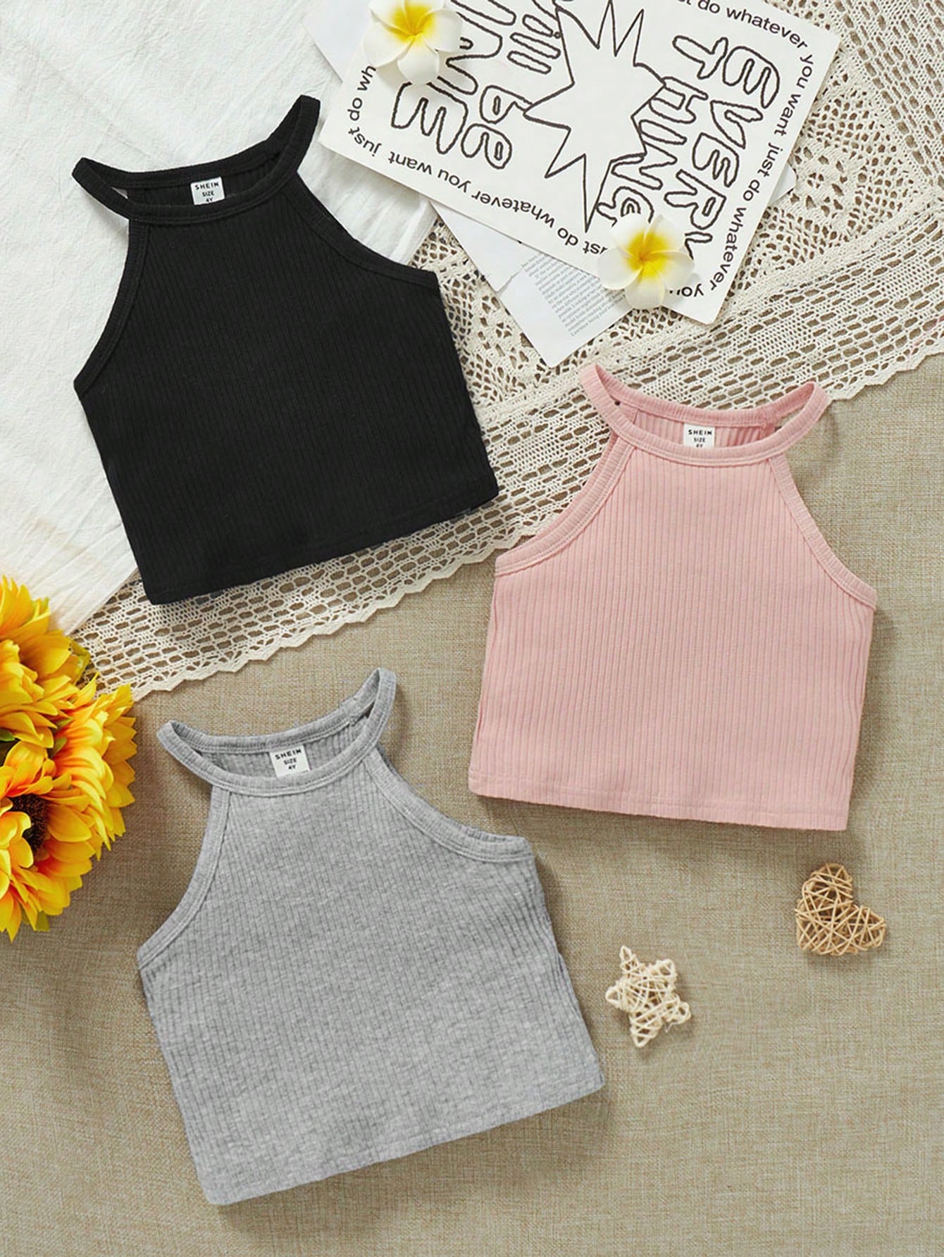 Young Girl 3pcs Ribbed Knit Halter Top