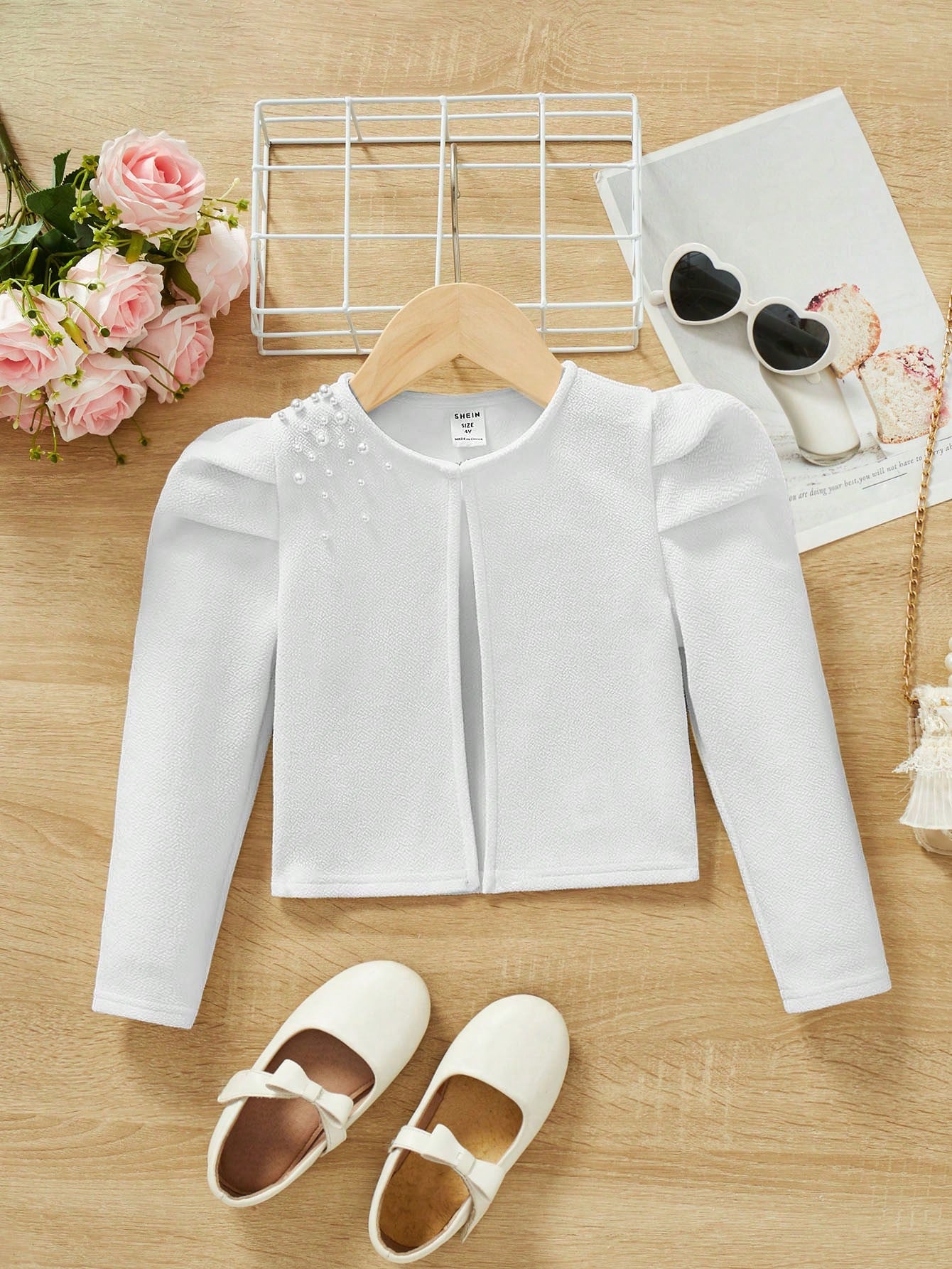 Young Girls' Knit Solid Casual Jacket With Leg-Of-Mutton Sleeves & Pearl Detailing