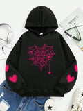Tween Girl Spider Web & Heart Printed Hoodie With Long Sleeves, Casual & Comfortable