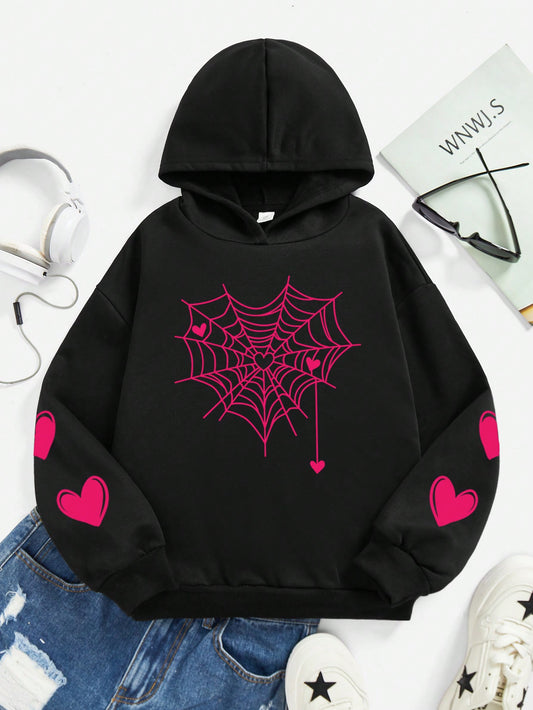 Tween Girl Spider Web & Heart Printed Hoodie With Long Sleeves, Casual & Comfortable