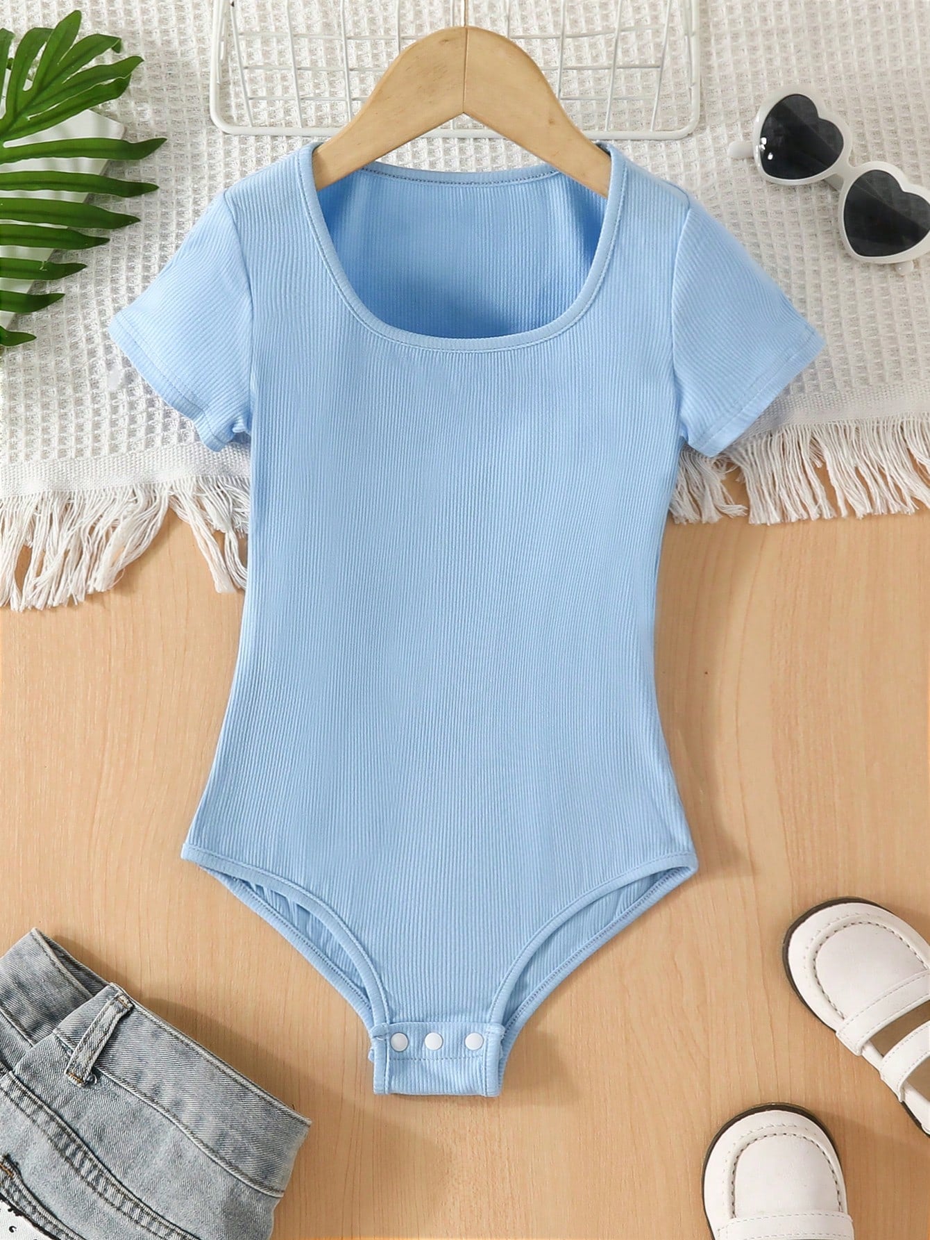 Tween Girl 2pcs Solid Ribbed Knit Bodysuit