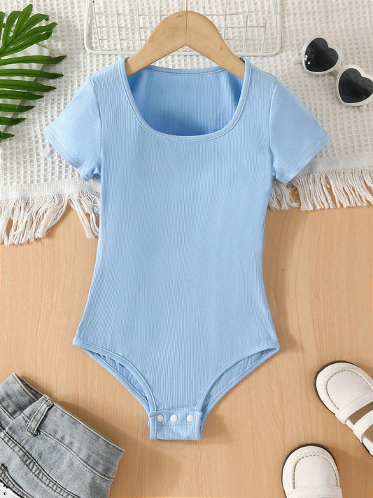 Girls' Knitted Solid Color Jumpsuit, Short Sleeve, Casual Style, Light Blue, Spring/Summer