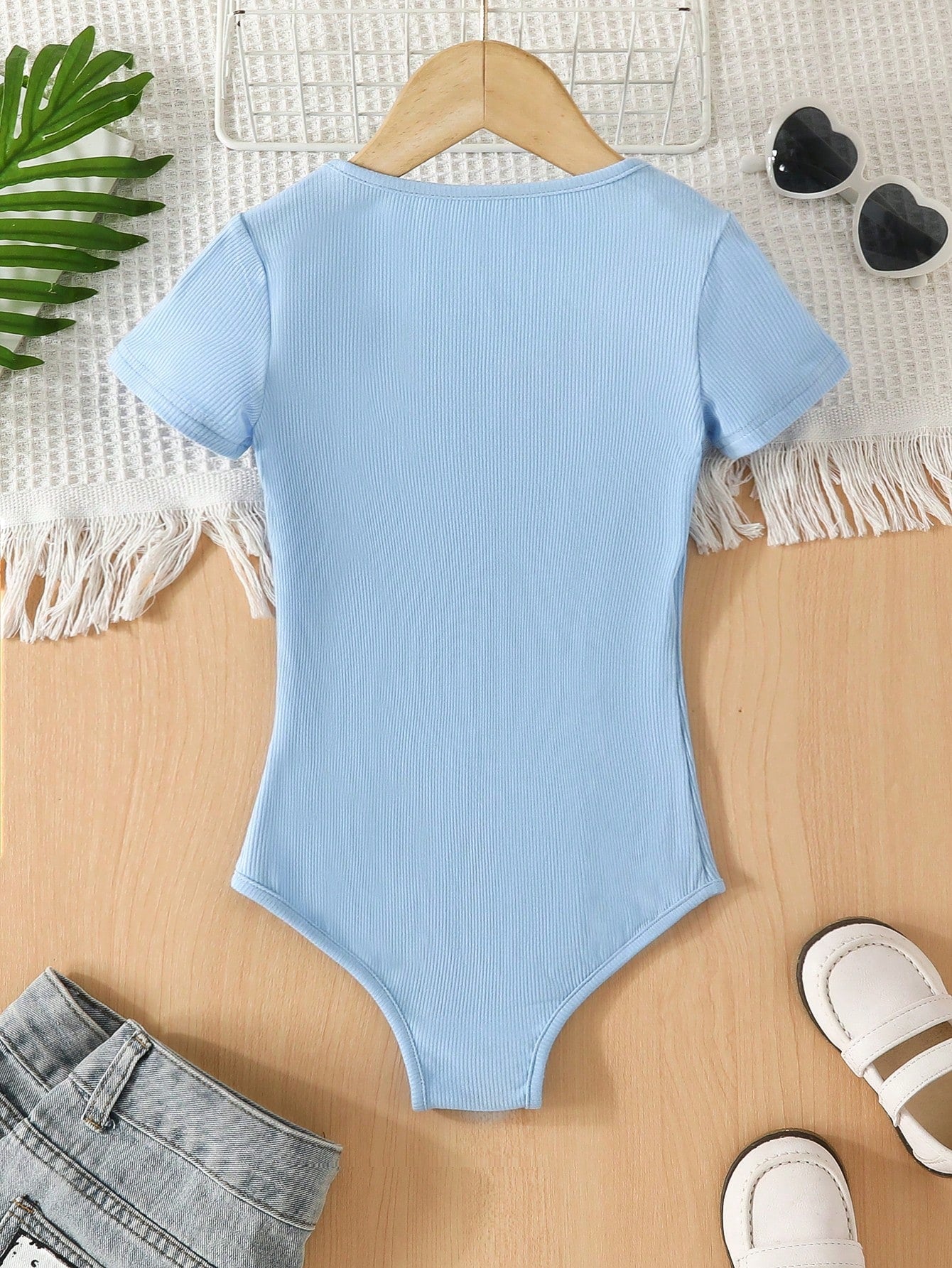 Girls' Knitted Solid Color Jumpsuit, Short Sleeve, Casual Style, Light Blue, Spring/Summer