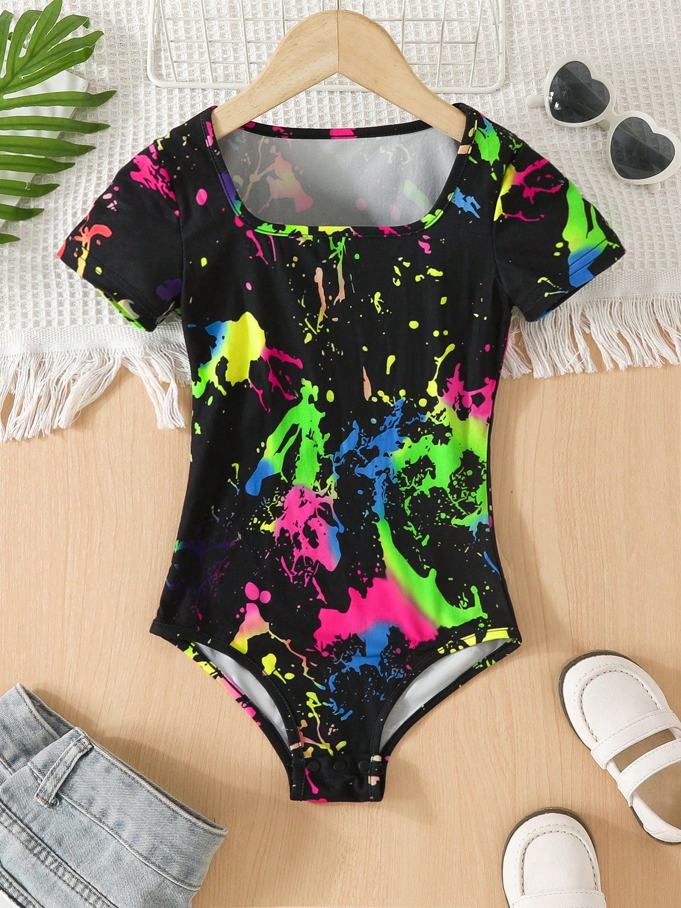 Tween Girl Knitted All-Match Solid Color Bodysuit, Short Sleeve, Black, Street Style, Spring/Summer