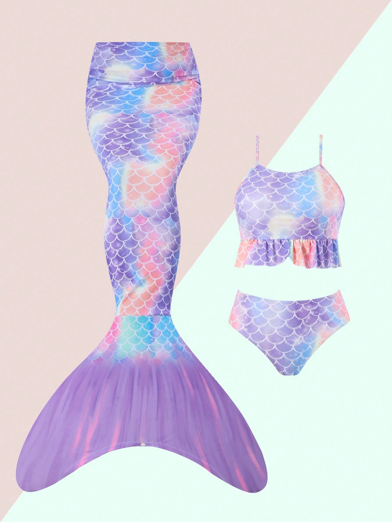 Tween Girl Fish Scales Print Ruffle Hem Mermaid Tail Set