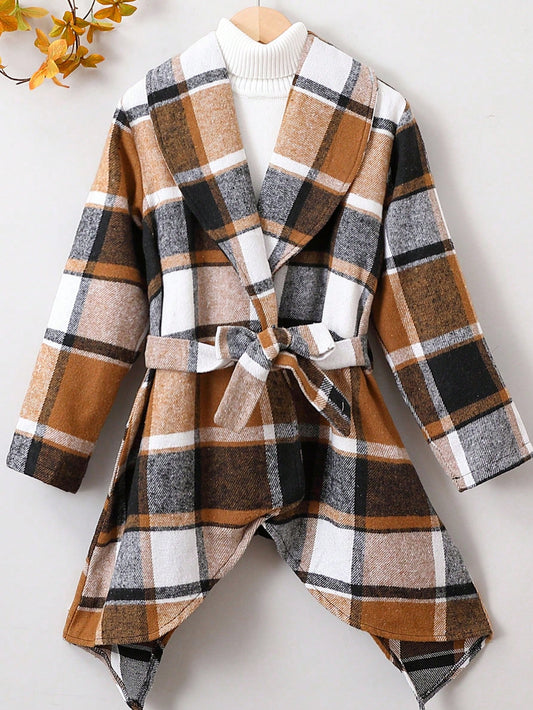 Tween Girl 1pc Plaid Waterfall Collar Asymmetrical Hem Belted Coat