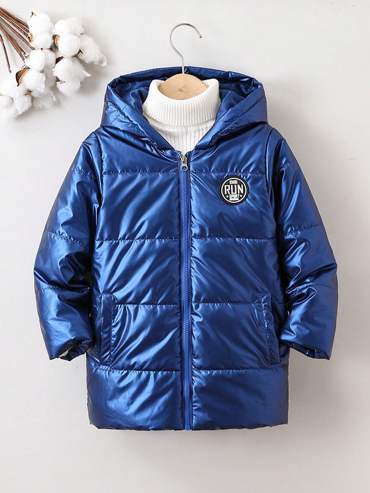 Young Boy 1pc Letter Patched Detail Zipper Hooded Puffer Coat