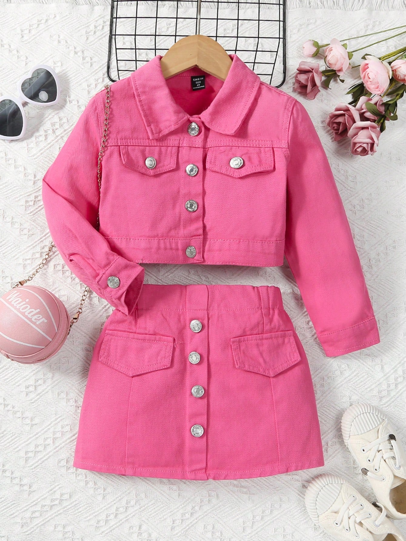 Young Girl Y2K Urban Dopamine Pink Button Fastening Crop Denim Jacket & Skirt Two Pieces Outfits