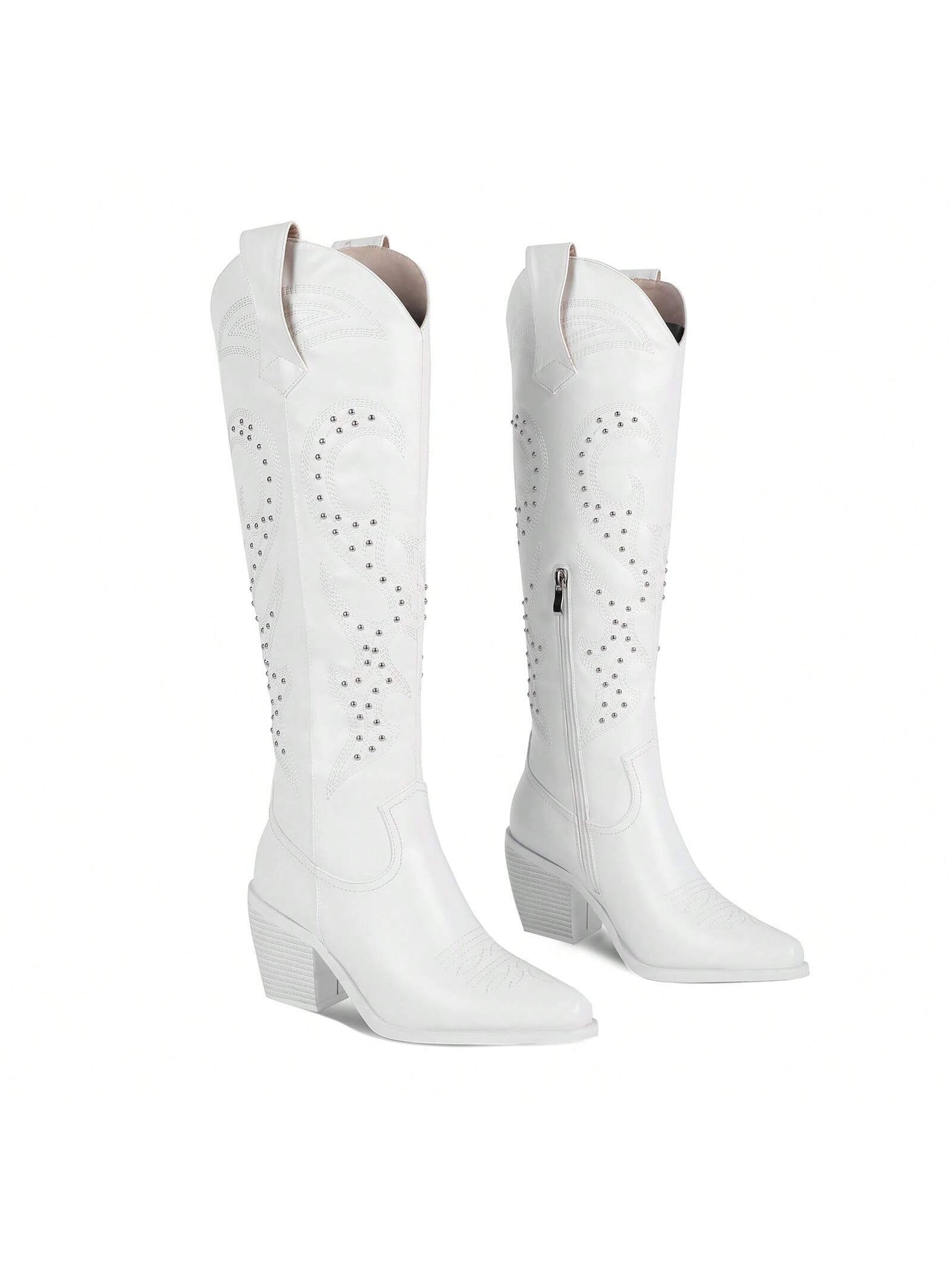 ISNOM Knee High Cowboy Cowgirl Boots For Women, With Unique Embroidery, Side Zipper And Chunky Heel Design