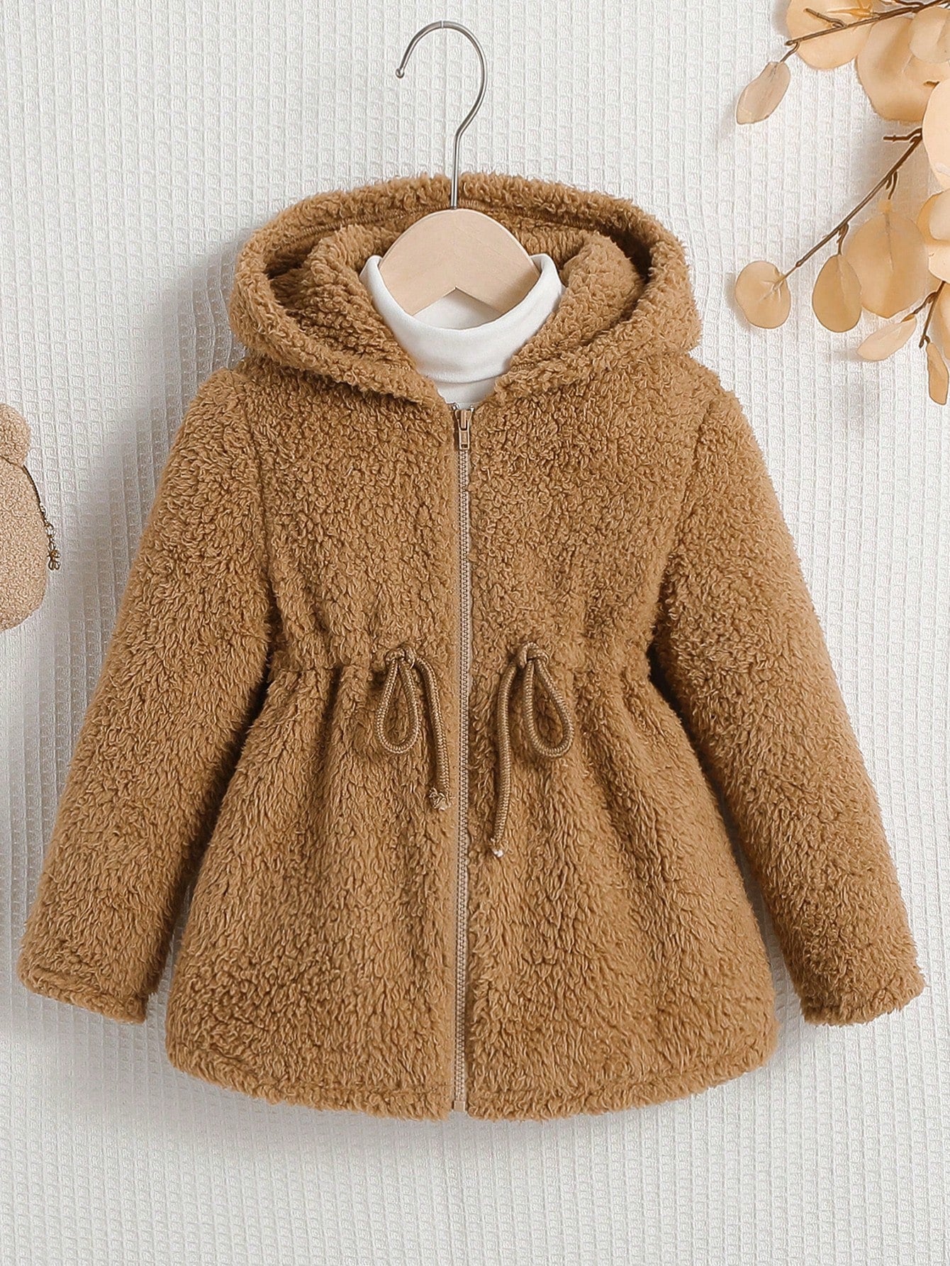 Young Girl Drawstring Waist Hooded Teddy Coat Without Tee