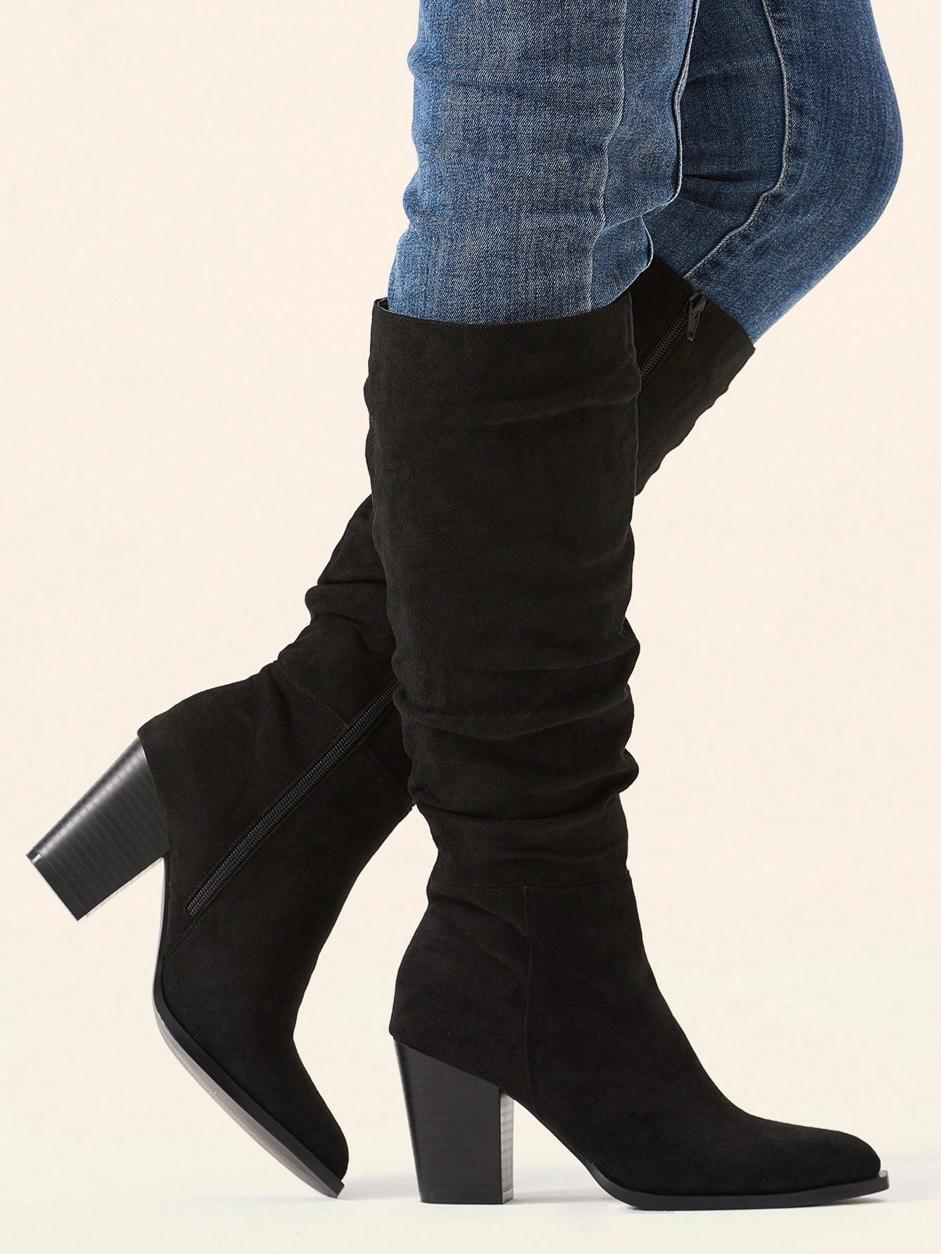 Women Pointed Toe Knee High Boots Faux Suede Slouch Boots With Chunky Heel Valentine's Day Valentine's Day