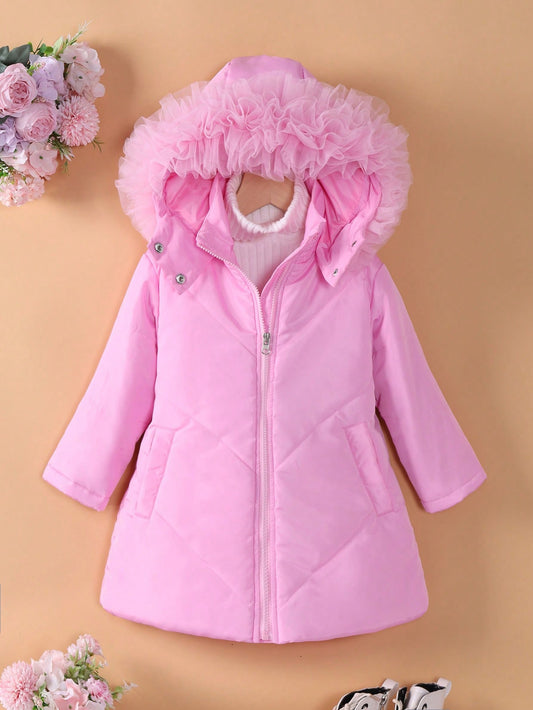 Young Girl Mesh Trim Hooded Winter Coat Without Sweater