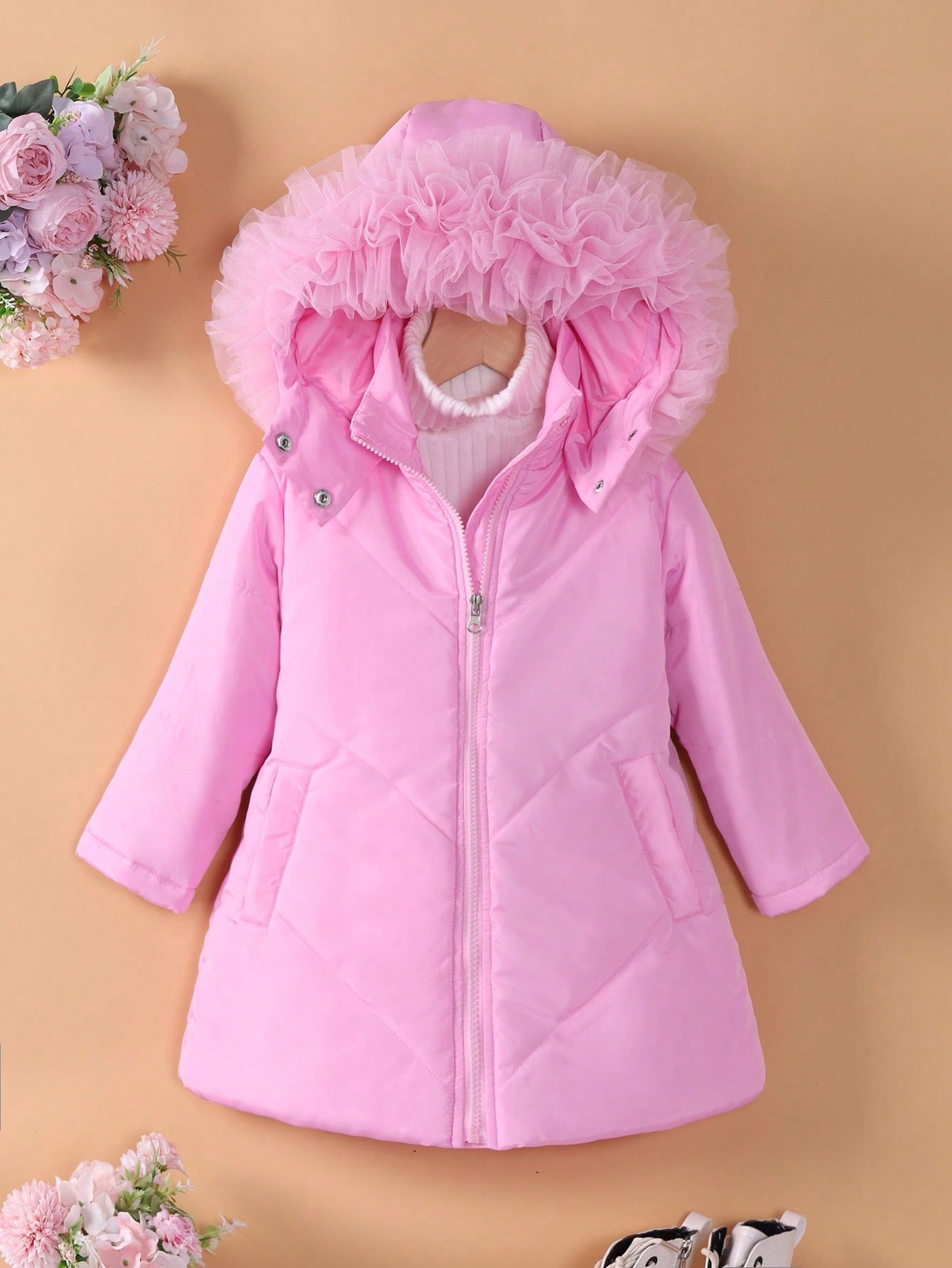 Young Girl Mesh Trim Hooded Padded Coat Without Sweater