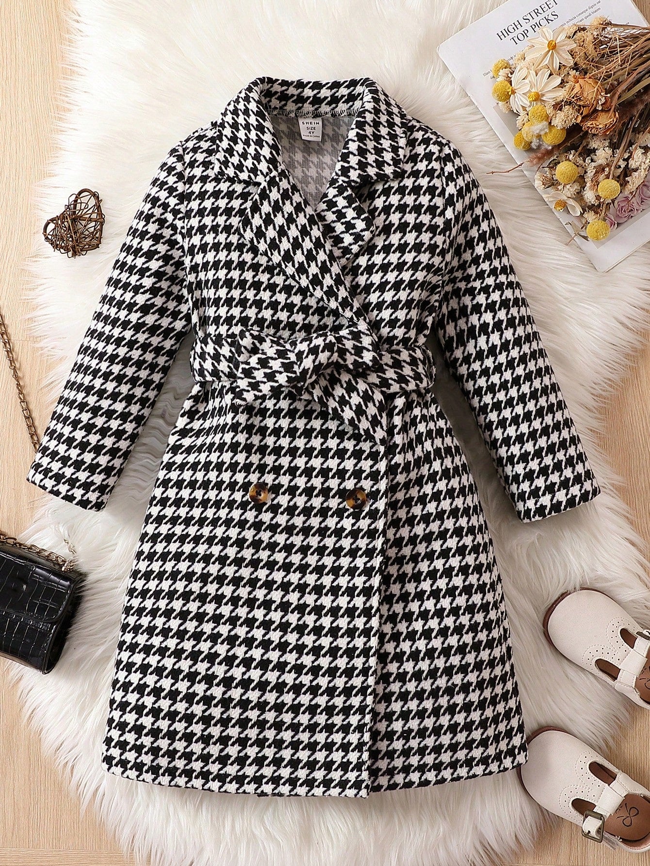 Young Girl 1pc Houndstooth Print Double Breasted Belted Tweed Overcoat