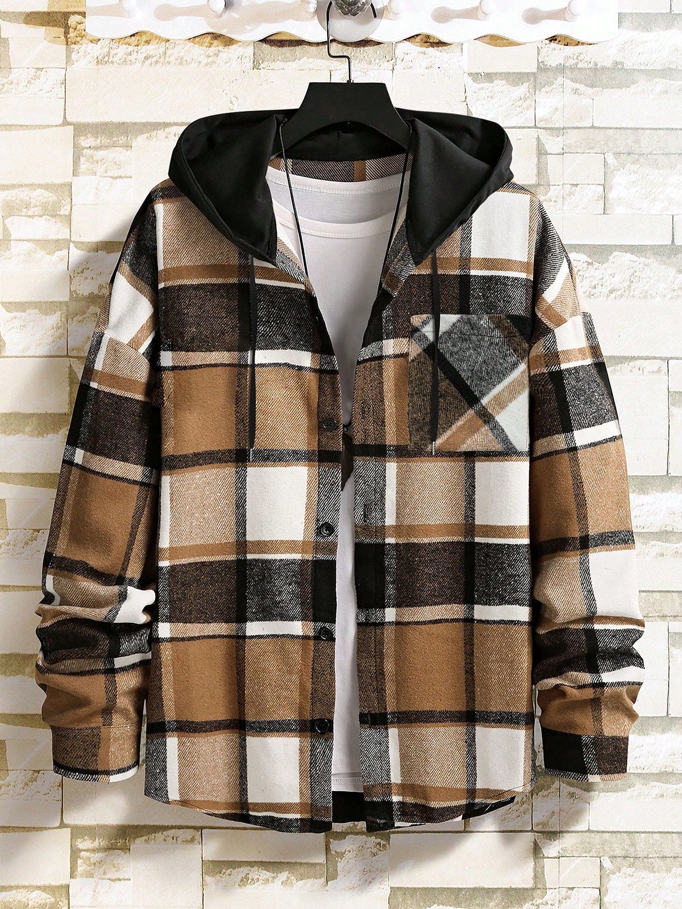 Men Plaid Print Hooded Shacket Without Tee