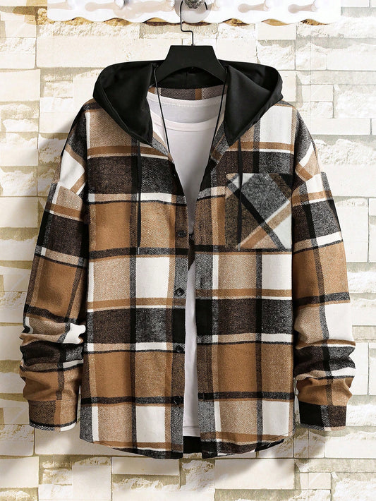 Men Plaid Print Hooded Shacket Without Tee