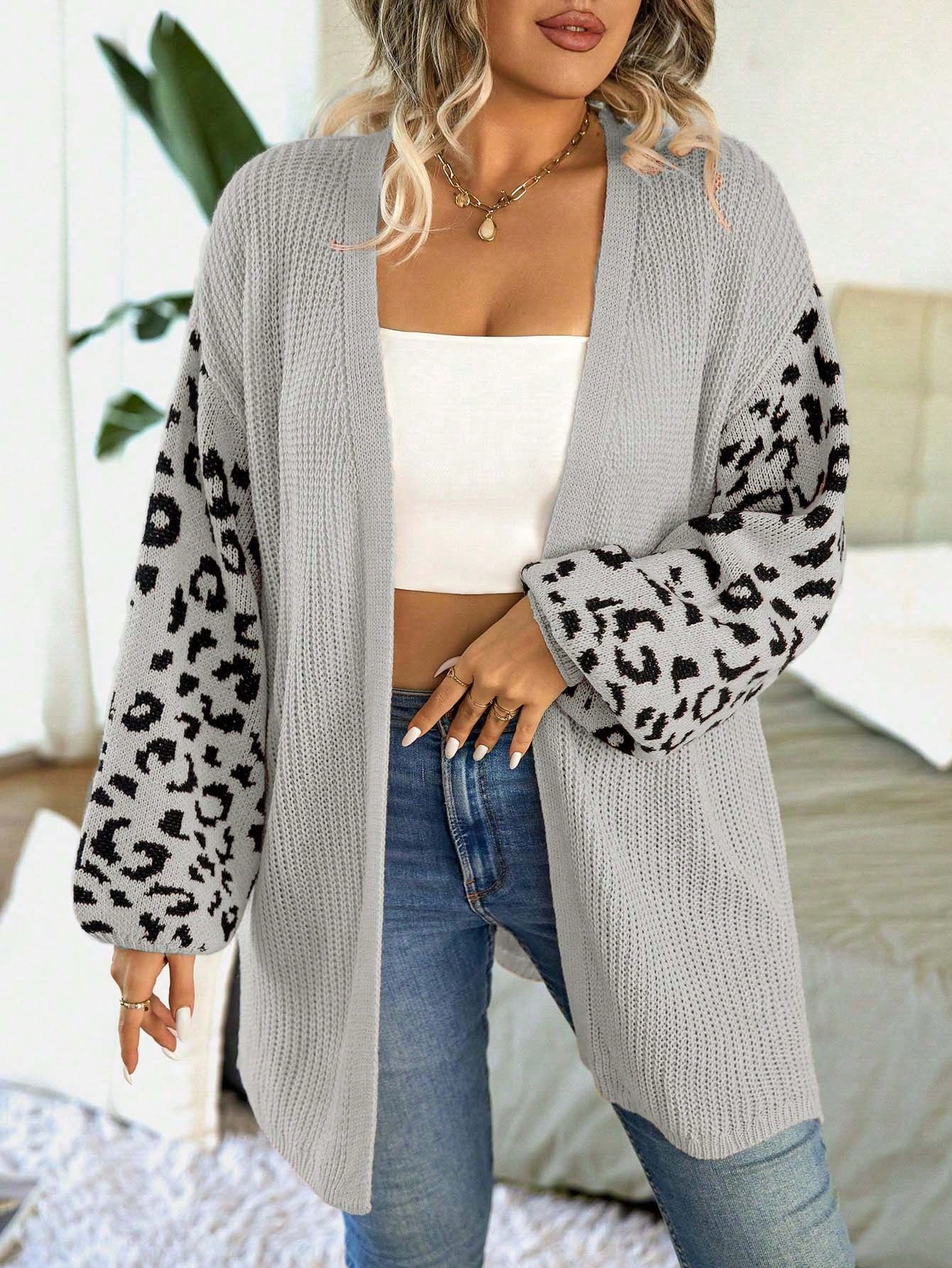 Plus Leopard Pattern Drop Shoulder Split Hem Open Front Cardigan