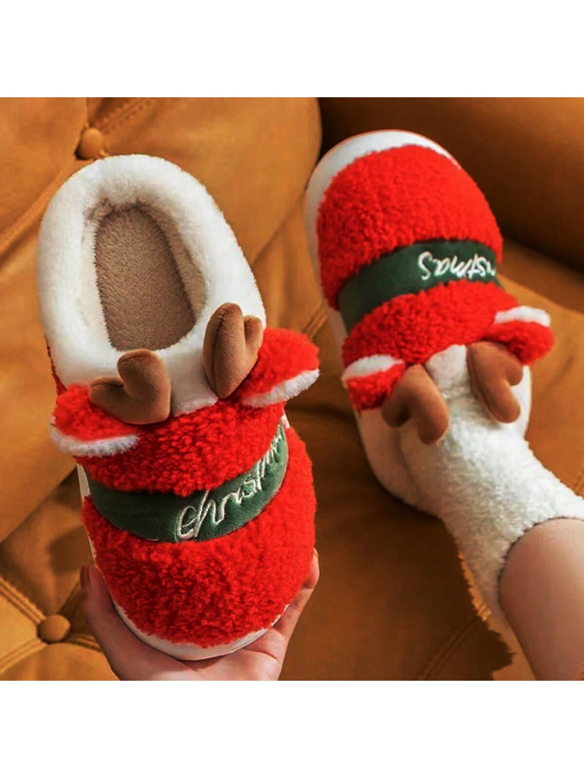 Women's Winter House Slippers With Christmas Elk Antlers And Fluffy