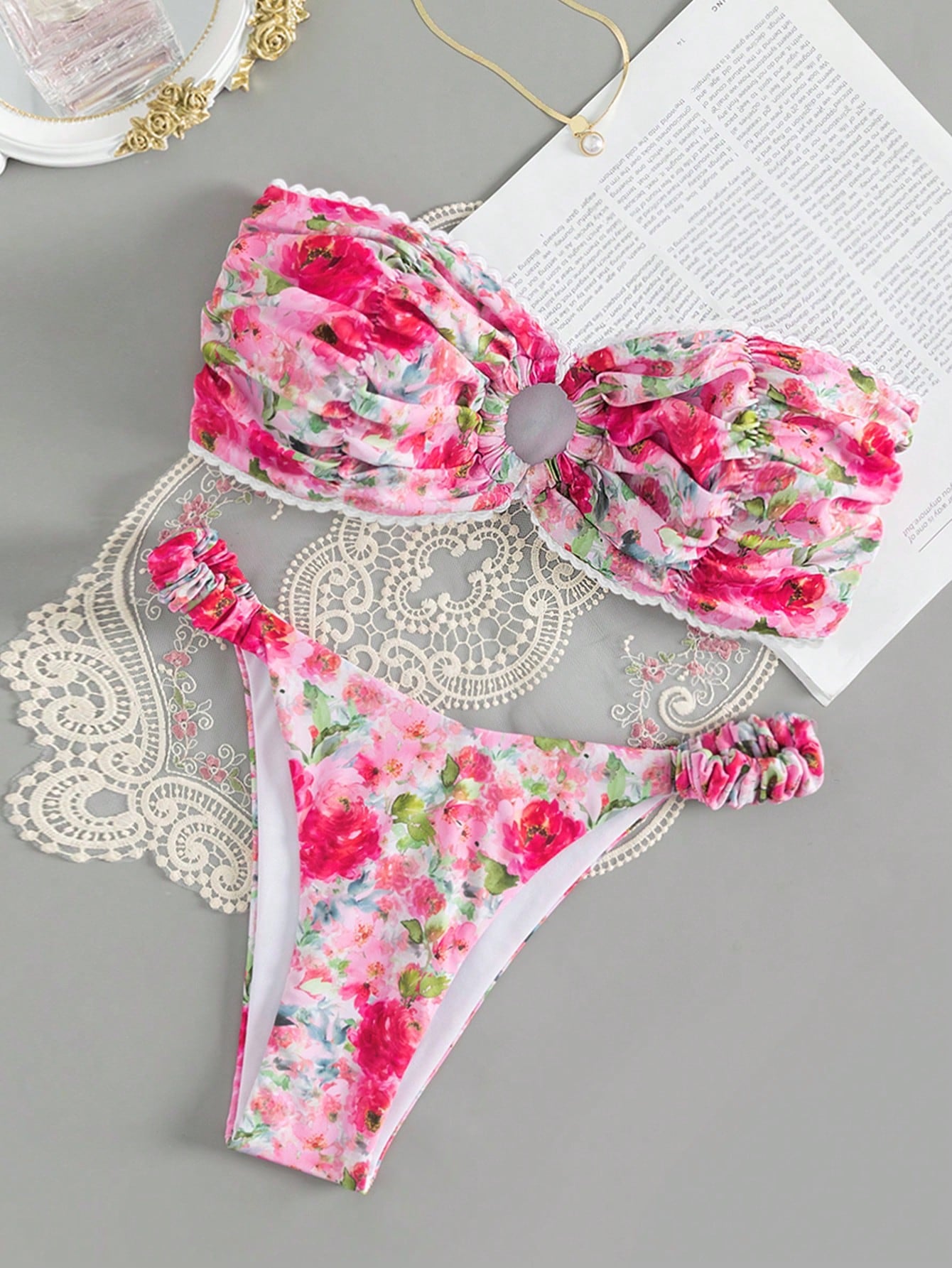 Swim Mod Summer Beach Floral Print Bandeau Bikini Set