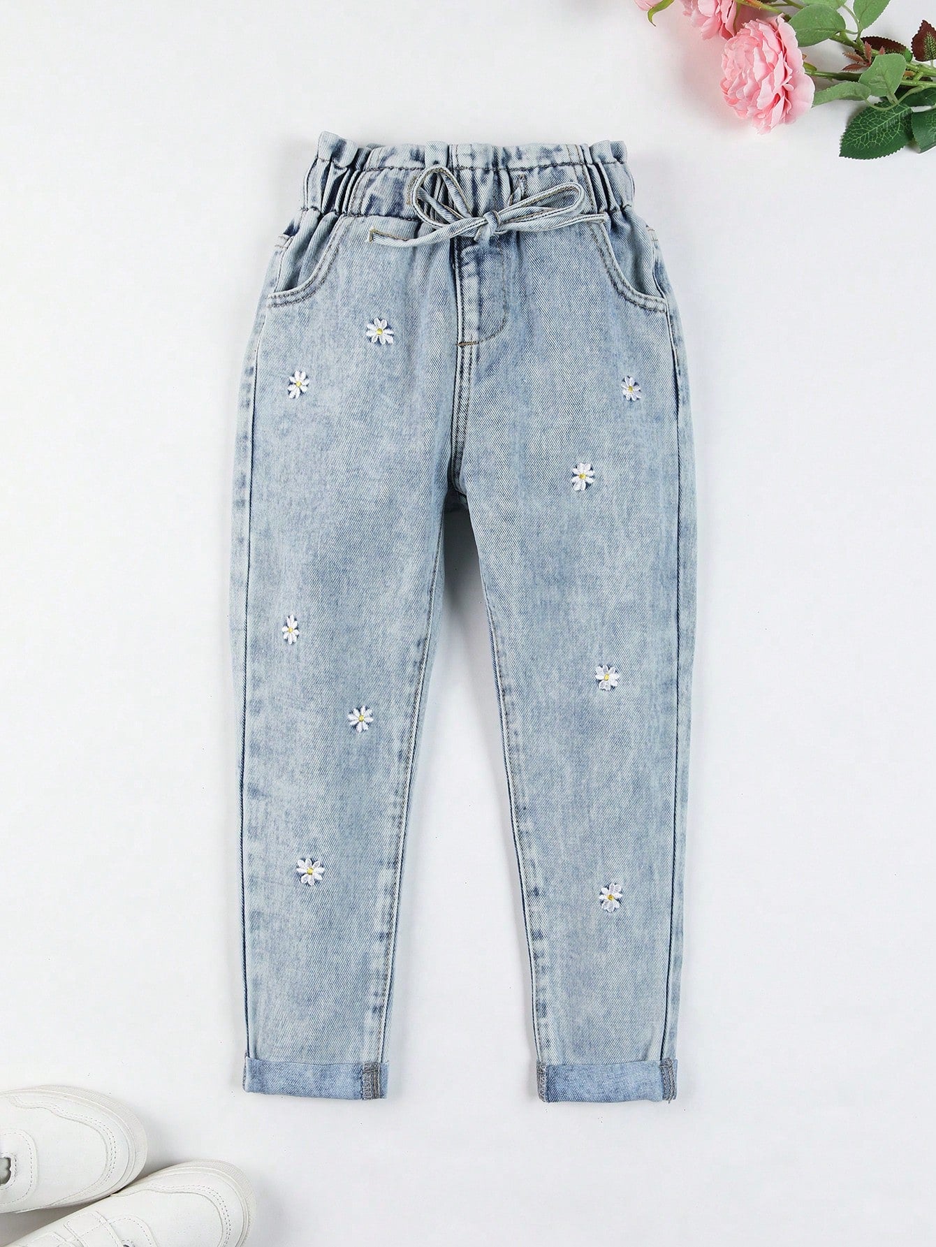 Young Girl Floral Embroidery Paperbag Waist Jeans