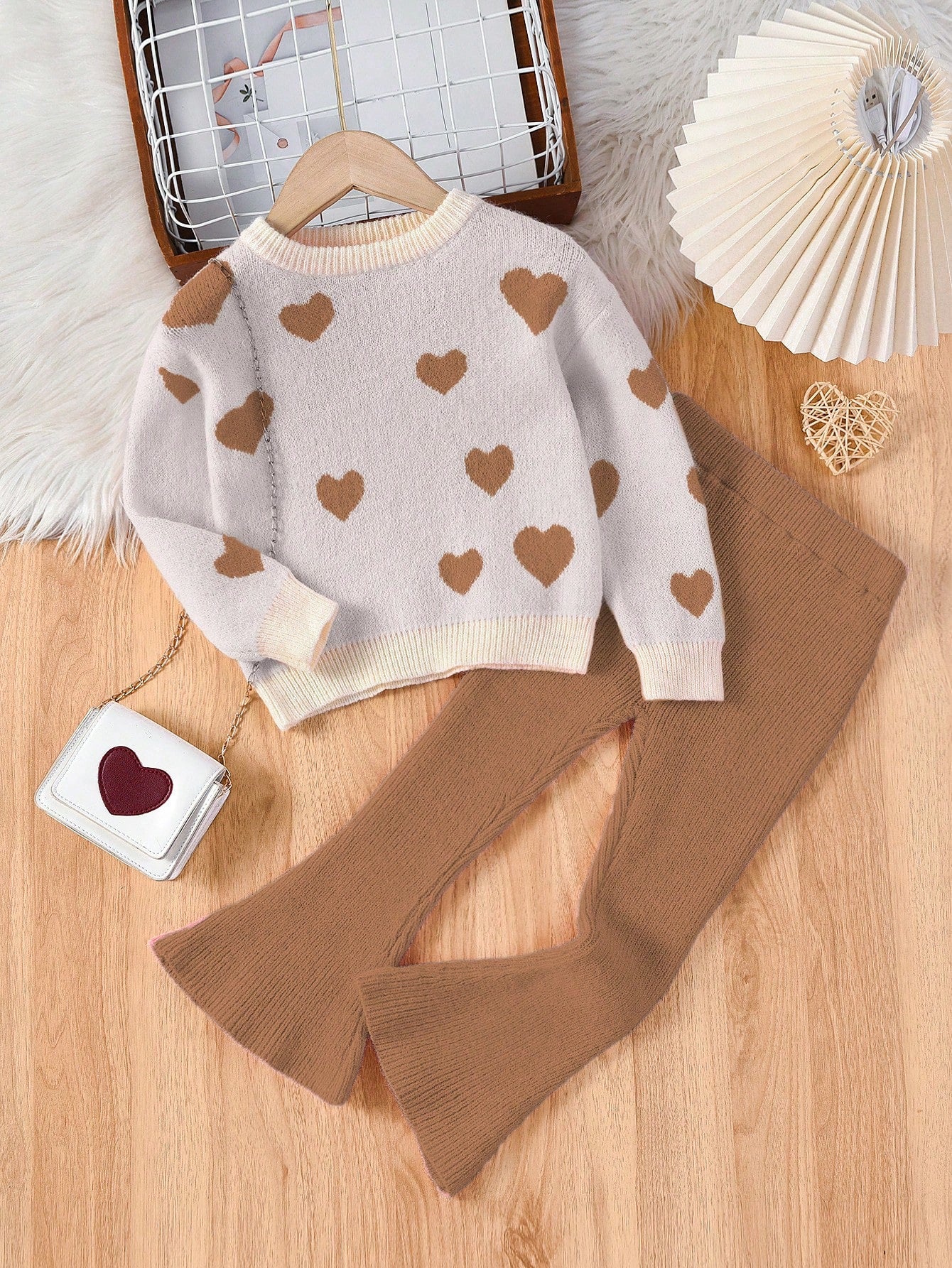 Young Girl Heart Pattern Sweater & Flare Leg Knit Pants